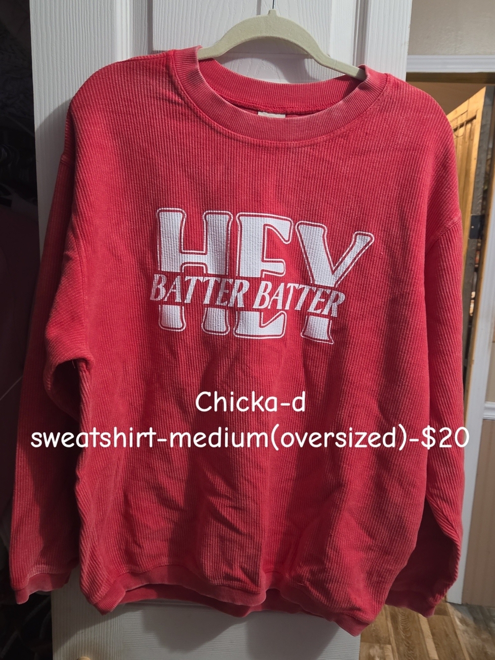 Chicka-d Women's Red Crewneck Sweatshirt - Batter Batter Graphic